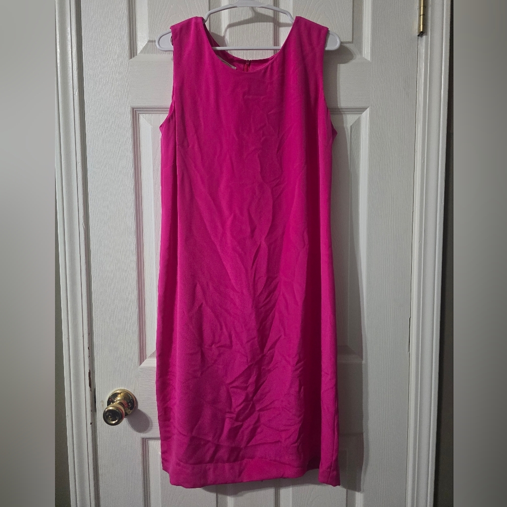 Hot Pink Silk Sleeveless Shift Midi Dress by Talbots, Women's Size 14, EUC!
